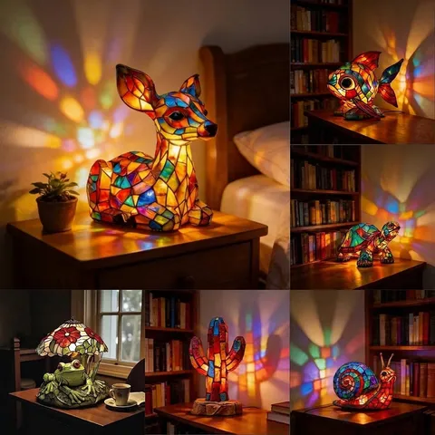 Vintage Animal Resin Night Light Tiffany Style Stained Glass Mosaic Turtle Deer Fish Cactus LED Desk Lamp Home Decor Ornament
