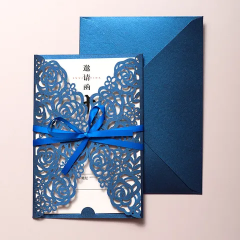 Elegante Europäische Laser Ausgeschnittene Einladungskarten Mit Bandschleife Perlmuttpapier Hohle Rosenblüten Einladungen Für Hochzeit Bankett Feier