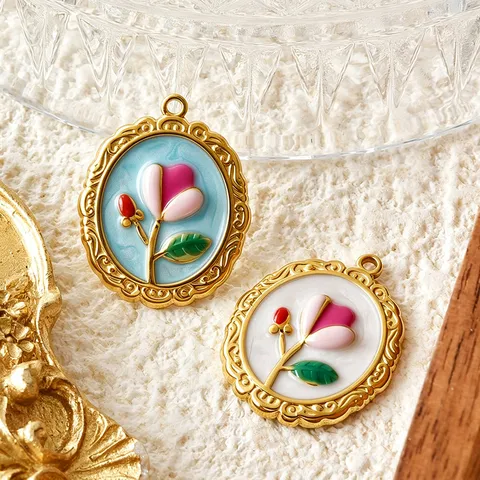 Stainless Steel Enamel Flower Pendants Retro European Tulip Tree Of Life Charms For DIY Necklace Bracelet Accessories Women Jewelry
