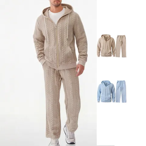 Men's Jacquard Hooded Cardigan And Pants Set Casual Zip Up Cable Knit Hoodie And Sweatpants Two Piece Tracksuit For Autumn Winter
