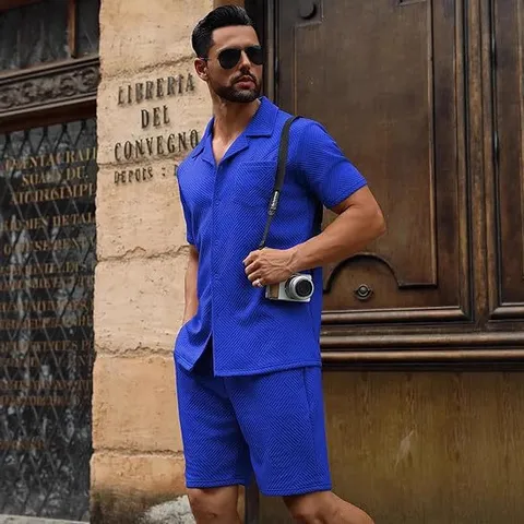 Herren Gestricktes Zweiteiliges Outfit Texturiertes Hemd Mit Knöpfen Und Shorts Set Sommer Strand Urlaub Streetwear Anzug Für Herren