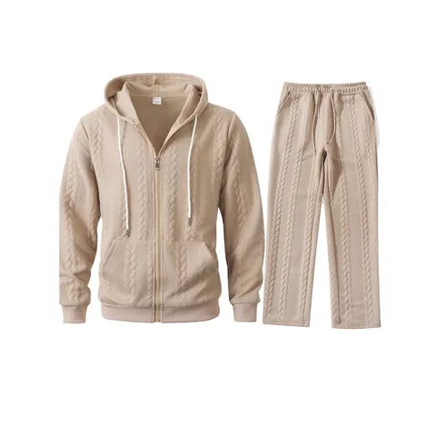 Men's Jacquard Hooded Cardigan And Pants Set Casual Zip Up Cable Knit Hoodie And Sweatpants Two Piece Tracksuit For Autumn Winter