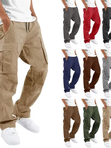 Men's Casual Cargo Pants Cotton Blend Multi Pocket Long Trousers Drawstring Waist Relaxed Fit Outdoor Workwear Fashion Men's Bottom