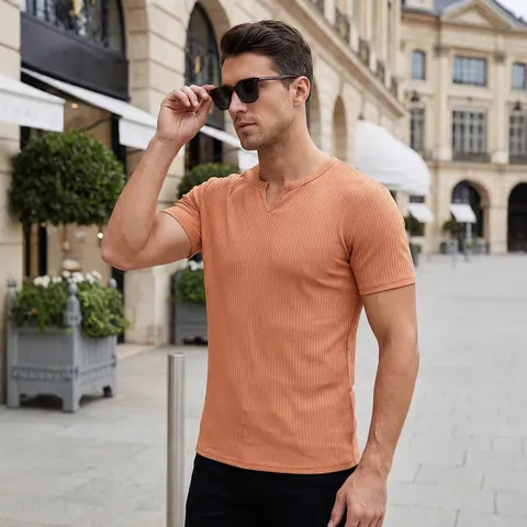 Camiseta de Punto con Cuello en V para Hombre Poliéster Tejido Acanalado Manga Corta Slim Fit Casual Color Sólido Verano Top