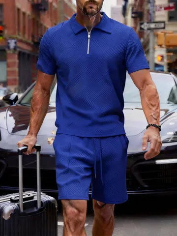 Men Casual Polo Zipper Lapel Short Sleeve Top And Bottom Set Geometric Pattern Summer Fashion Outdoor Mens Clothing