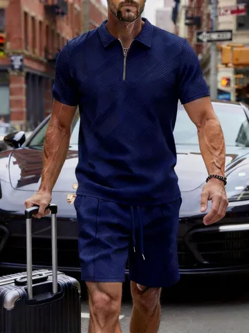 Men Casual Polo Zipper Lapel Short Sleeve Top And Bottom Set Geometric Pattern Summer Fashion Outdoor Mens Clothing