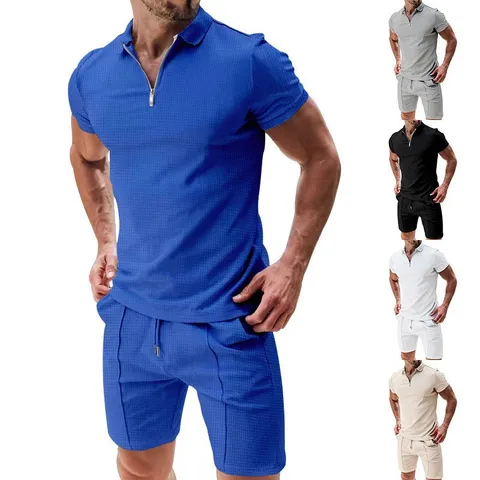 Set Abito Waffle Casual da Uomo Top Manica Corta con Revers e Cerniera e Pantaloncini Estate Tinta Unita Larga