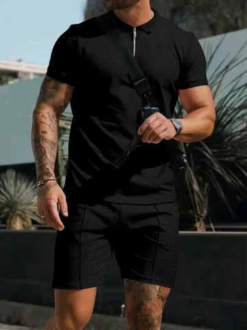 Set Polo e Pantaloncini a Maniche Corte Waffle Casual da Uomo Estate Tinta Unita Lento Colletto con Cerniera