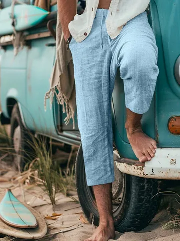 Men's Casual Cotton Linen Capri Pants Summer Loose Straight Fit Drawstring Trousers Solid Color Breathable Outdoor Daily Wear