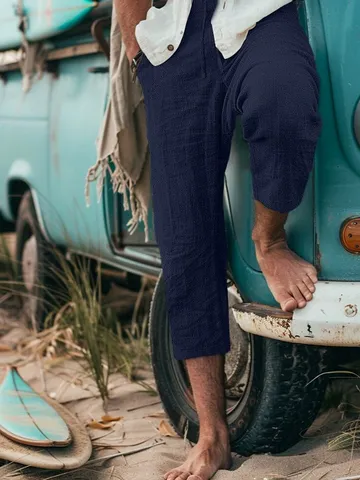 Men's Casual Cotton Linen Capri Pants Summer Loose Straight Fit Drawstring Trousers Solid Color Breathable Outdoor Daily Wear