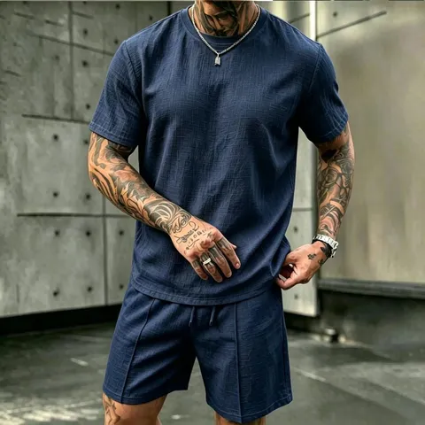 Completo da Uomo Casual in Misto Lino Manica Corta Top e Pantaloni Estate Spiaggia Vacanza Tinta Unita Vestibilità Larga