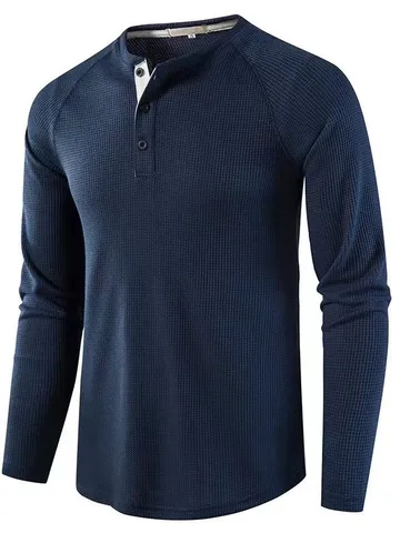 Men's Casual Long Sleeve Henley Shirt Waffle Knit Slim Fit Basic Solid Color Pullover Top For Spring Autumn Daily Wear