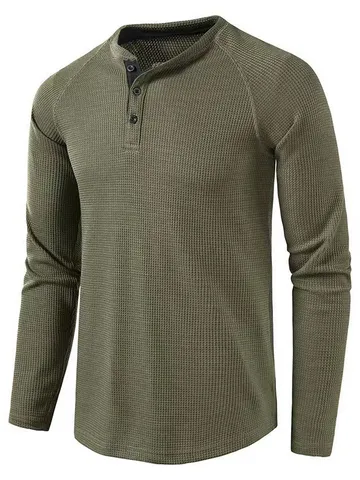 Men's Casual Long Sleeve Henley Shirt Waffle Knit Slim Fit Basic Solid Color Pullover Top For Spring Autumn Daily Wear
