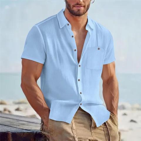 Herren Casual Leinen Polyester Hemd Einfarbig Kurzarm Top Atmungsaktiv Revers Tasche Smart Casual Sommer Hemd Für Herren