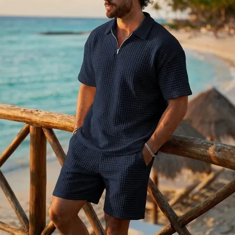 Tuta Casual da Uomo in Waffle Estate Tinta Unita Risvolto Manica Corta Polo e Pantaloncini Top e Pantaloni Outfit da Vacanza