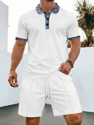 Men Casual Waffle Knit Polo Shirt And Shorts Set Summer Short Sleeve Lapel Top Drawstring Bottom Matching Outfit