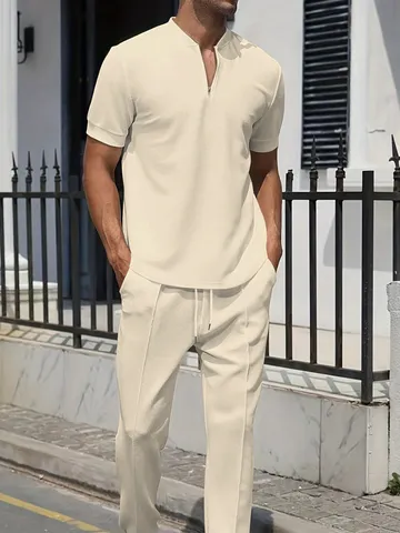 Men's Casual Waffle Knit Short Sleeve Zipper Stand Collar Polo Shirt And Long Pants Set Sportswear Tracksuit