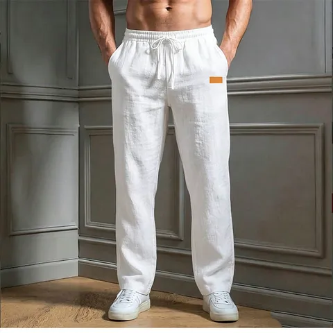 Men's Casual Drawstring Pants Polyester Loose Fit Straight Leg Fashion Beach Trousers With Pockets Washed Comfortable Soft Fall Pants