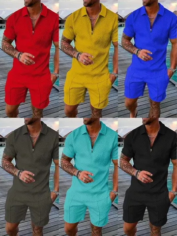 Men Casual Knitted Top And Bottom Polyester Geometric Texture Zipper Polo Shirt And Shorts Suit Summer Urban Outfit