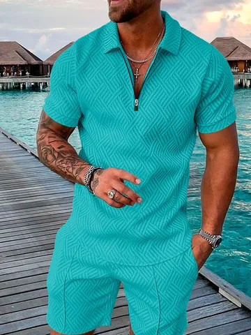Men Casual Knitted Top And Bottom Polyester Geometric Texture Zipper Polo Shirt And Shorts Suit Summer Urban Outfit