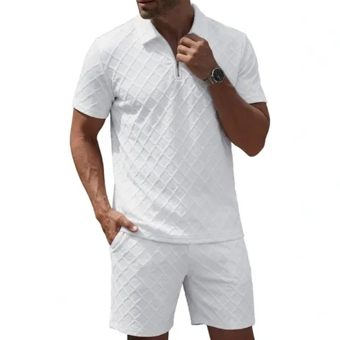 Herren Sommer Casual Trainingsanzug Kurzarm Reißverschluss Polo Shirt Und Shorts Set Polyester Jacquard Passendes Outfit
