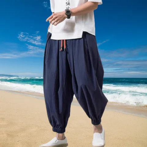 Men's Summer Casual Cotton Linen Harem Pants Loose Lantern Pants Wide Leg Cropped Trousers Breathable Drawstring Bottoms