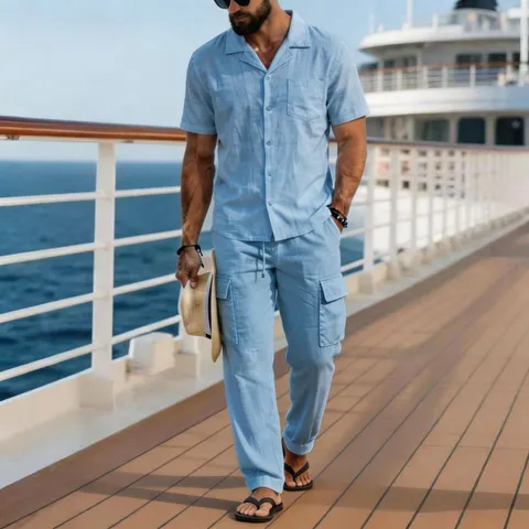 Men's Casual Cotton Linen Suit Set Short Sleeve Lapel Shirt And Multi Pocket Cargo Long Pants Top And Bottom Set