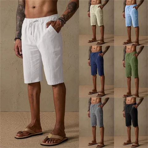 Men's Summer Linen Cotton Drawstring Shorts Loose Fit Casual Beach Shorts Solid Color Straight Leg Breathable Bottoms