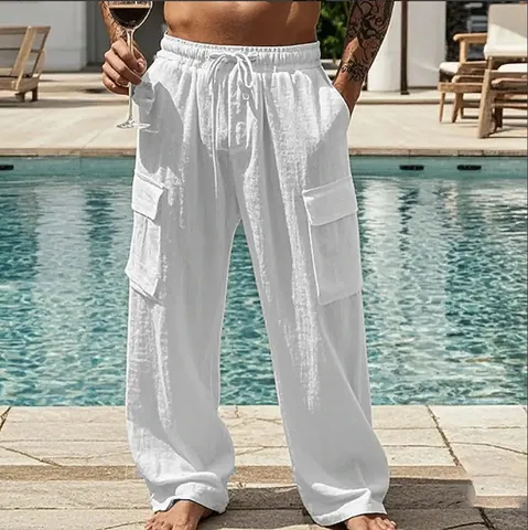 Herren Casual Baumwolle Cargo Hose Atmungsaktiv Locker Fit Mehrere Taschen Kordelzug Weites Bein Trousers Urban Outdoor Mode