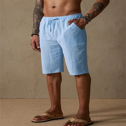 Men's Summer Linen Cotton Drawstring Shorts Loose Fit Casual Beach Shorts Solid Color Straight Leg Breathable Bottoms
