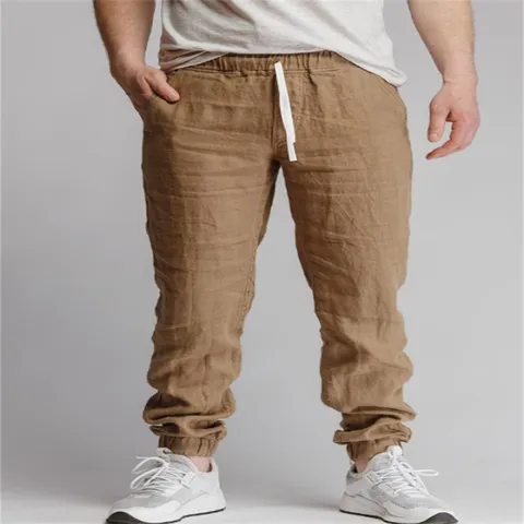 Men's Cotton Linen Joggers Casual Sweatpants Breathable Drawstring Solid Color Loose Jogging Pants For Sports Daily Trousers