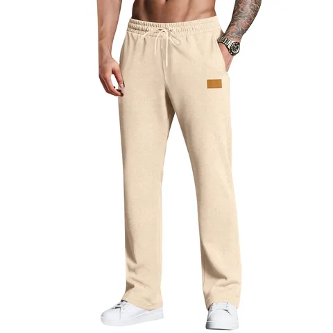 Men's Casual Polyester Sweatpants Solid Color Loose Straight Leg Trousers With Leather Label Drawstring Comfortable Sports Pants