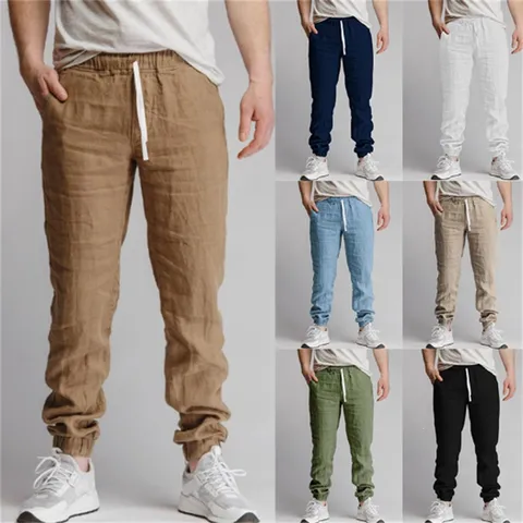 Men's Cotton Linen Joggers Casual Sweatpants Breathable Drawstring Solid Color Loose Jogging Pants For Sports Daily Trousers