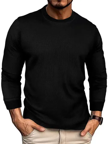 Heren Wafelgebreid T-Shirt met Lange Mouwen Casual Ronde Hals Effen Kleur Polyester Top Mode Ruime Pasvorm Basis Tee voor Mannen