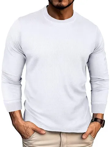 Heren Wafelgebreid T-Shirt met Lange Mouwen Casual Ronde Hals Effen Kleur Polyester Top Mode Ruime Pasvorm Basis Tee voor Mannen