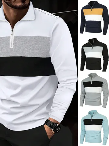 Vintage Βρετανικό Στυλ Ανδρικό Polo Μπλουζάκι Color-block με Μισό Φερμουάρ Μακρυμάνικο Retro Patchwork Υφή Βάφλας Casual Μόδα Πολυεστέρας Ελαστάνη