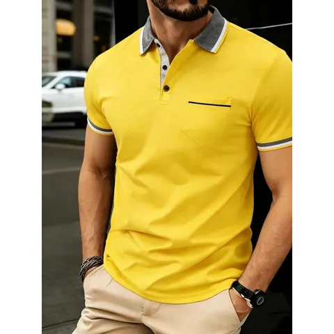 Men Casual Polyester Polo Shirt Contrast Ribbed Lapel Short Sleeve Top With Chest Pocket Breathable Summer Fashion Apparel