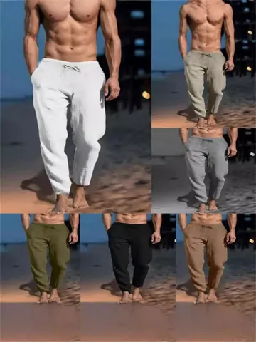 Men Casual Cotton Linen Trousers Loose Elastic Drawstring Waist Solid Color Breathable Beach Long Pants With Pockets Bottom