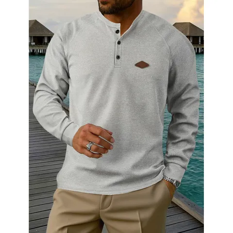 Men's Waffle Knit Henley Shirt Solid Color Long Sleeve Casual Raglan Sleeve Top Polyester Fashion Men's Clothing