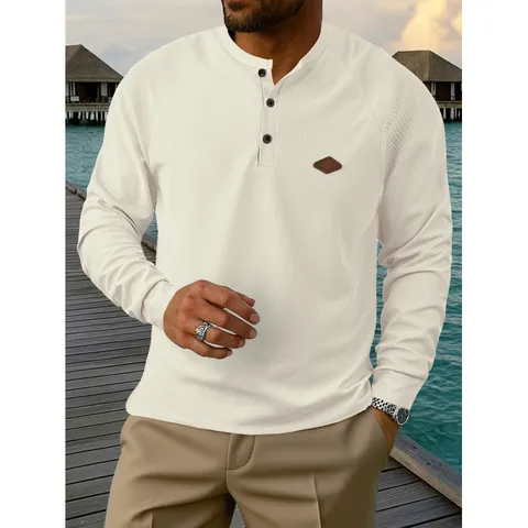 Men's Waffle Knit Henley Shirt Solid Color Long Sleeve Casual Raglan Sleeve Top Polyester Fashion Men's Clothing