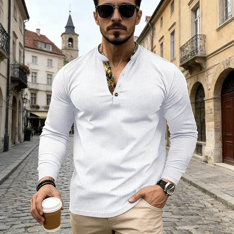 Men's Casual Waffle Knit Henley T-Shirt Contrast Color Patchwork Long Sleeve Top Breathable Polyester Base Layer T-Shirt Streetwear
