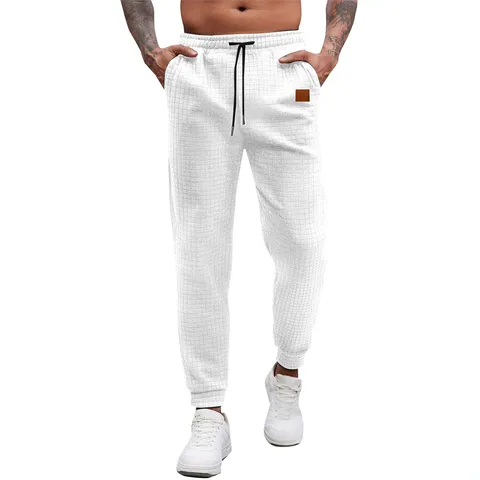 Men's Waffle Knit Sweatpants Casual Sporty Drawstring Elastic Waist Joggers With Pockets Polyester Solid Color Straight Leg Pants