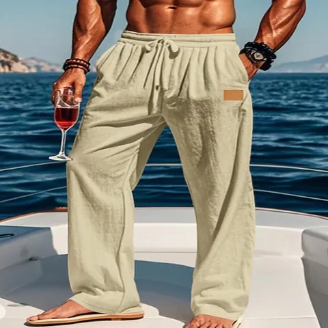 Men Casual Linen Cotton Straight Leg Pants Drawstring Elastic Waist Trousers Breathable Outdoor Vacation Beach Fashion Bottoms