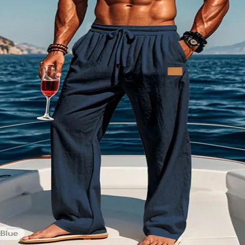 Men Casual Linen Cotton Straight Leg Pants Drawstring Elastic Waist Trousers Breathable Outdoor Vacation Beach Fashion Bottoms