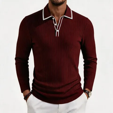 Men's Knitted Long Sleeve Polo Shirt Casual Striped Ribbed Turn-down Collar Contrast Color Fashion Knitted Top For Autumn