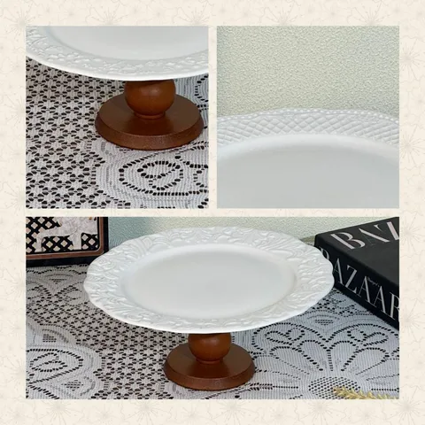 European Court Style Embossed White Ceramic Fruit Plate With Wood Base Cream Style Retro High Footed Dessert Tray For Wedding Party Home Decoration
