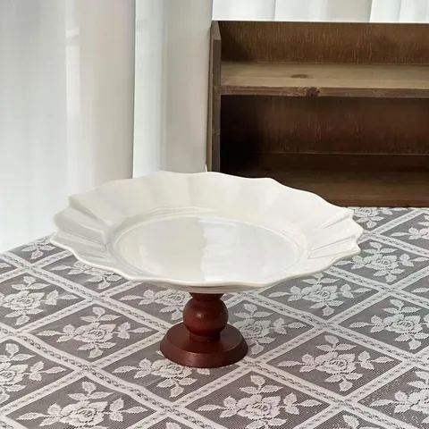 French Vintage Ceramic Dessert Cup With Wood Base Elegant Floral Pattern Footed Ice Cream Yogurt Pudding Dessert Bowl