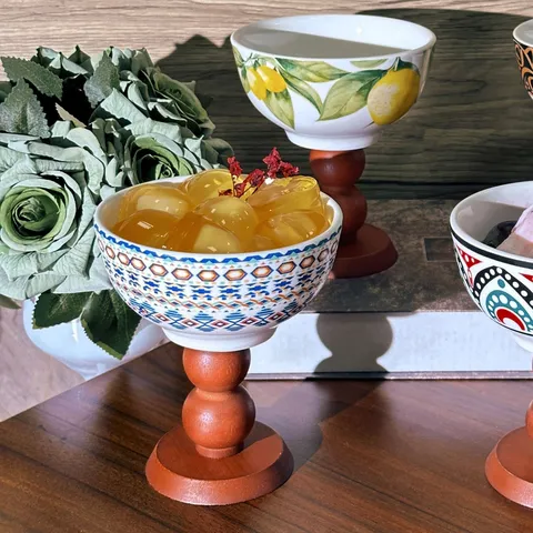 French Bohemian Ceramic Dessert Cup Retro Wooden Base Goblet Ice Cream Bowl Geometric Pattern Serving Bowl