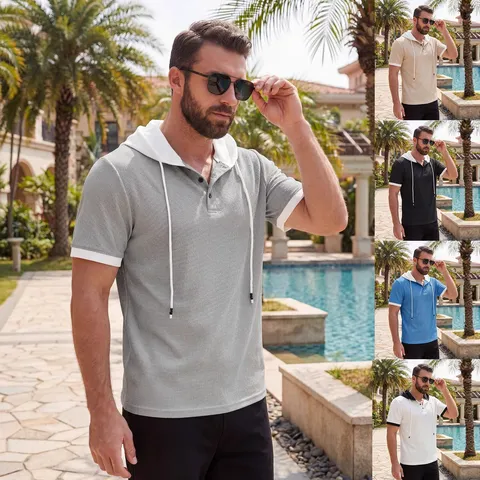 Men Waffle Knit Hooded Henley Shirt Short Sleeve Summer Casual Breathable Contrast Color Patchwork Pullover Hoodie Top