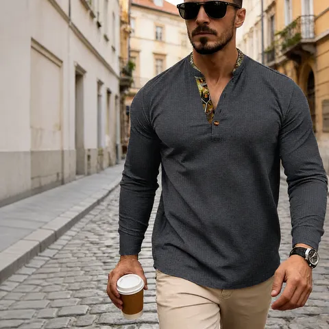 Men's Casual Waffle Knit Henley T-Shirt Contrast Color Patchwork Long Sleeve Top Breathable Polyester Base Layer T-Shirt Streetwear